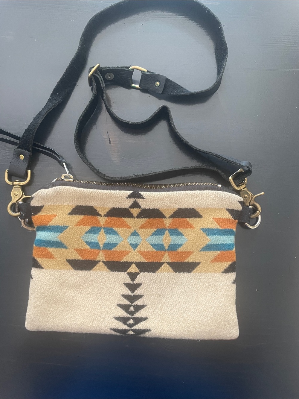 Vintage Wool, Leather Brass Print Crossbody Bag with Blue & Tan Accents